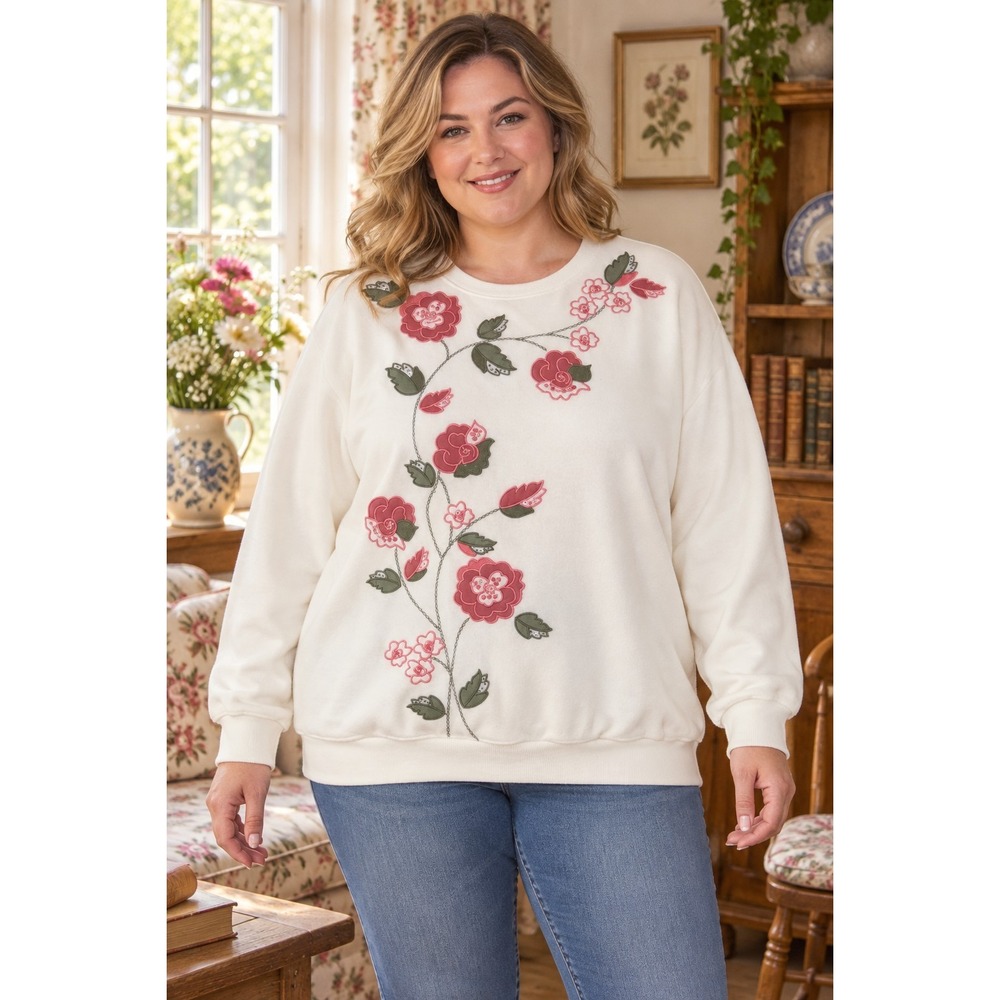 Alfred Dunner Women's 1X Ivory Floral Appliqué Embroidered Sequin Sweatshirt